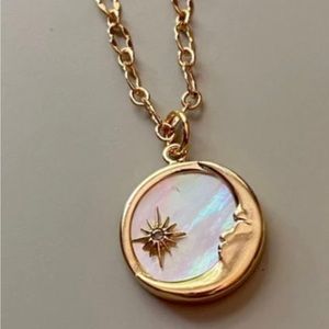 “Mother of Pearl Moon & Star” White Iridescent Shell Crescent Starburst Necklace